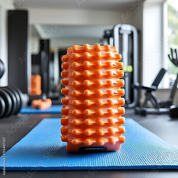 Fototapeta An orange textured muscle roller placed on a blue exercise mat