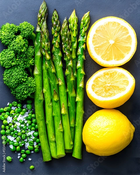 Fototapeta Fresh Asparagus, Broccoli, Peas, and Lemon on Dark Surface