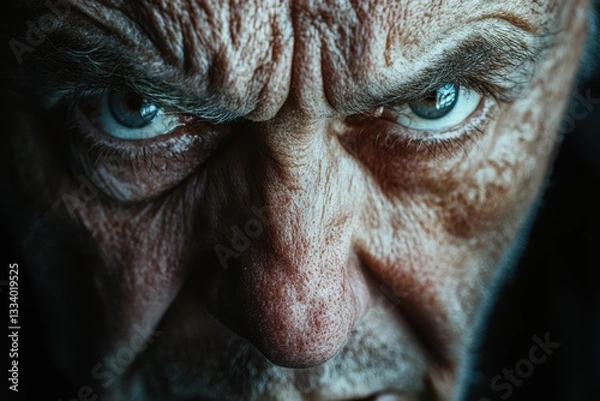 Fototapeta Angry old man close up intense eyes furrowed brow