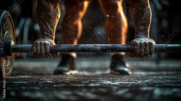 Fototapeta Athlete gripping a barbell with chalk before a weightlifting exercise