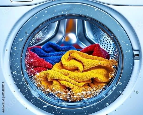 Fototapeta A washing machine filled with colored towels and soapy water
