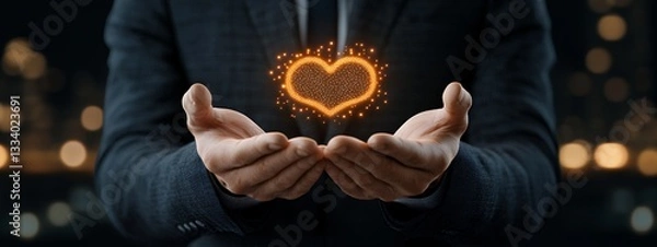 Obraz Glowing Orange Heart Held in Hands, Dark Suit, Bokeh Lights Background