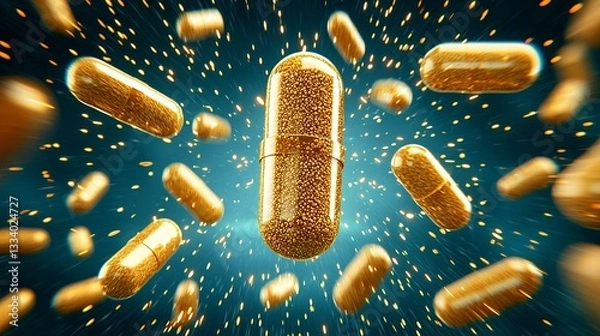 Obraz Gold Glitter Capsules Falling on Dark Teal Background
