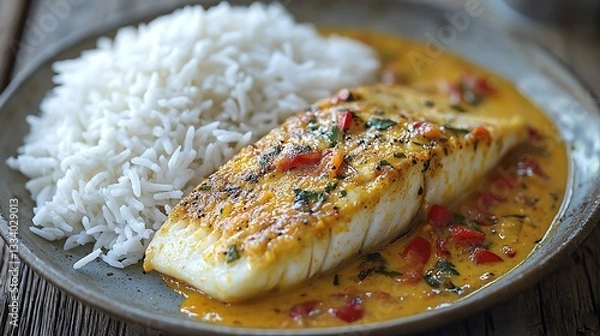 Fototapeta A plate with rice and fish in a creamy sauce