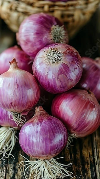 Fototapeta A close up photograph showcasing many red onions together