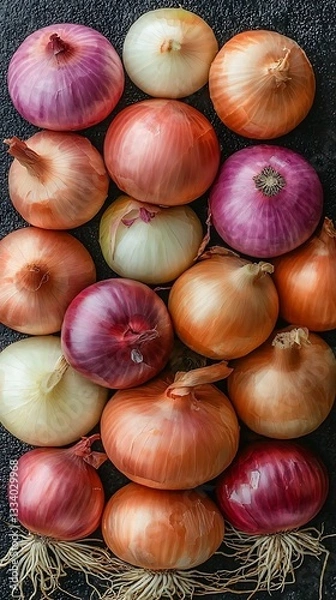 Fototapeta Overhead view displays several different types of fresh onions