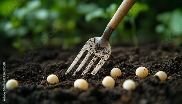 Fototapeta A gardening fork planting seeds into freshly turned fertile soil