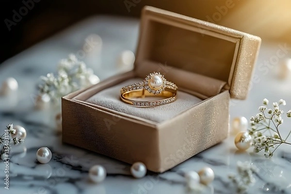 Fototapeta A luxurious engagement ring rests inside its open presentation box
