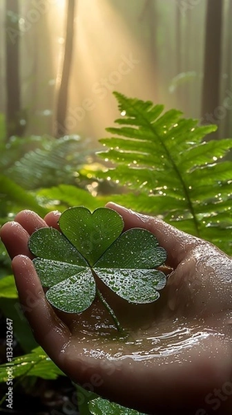 Fototapeta A person gently holds a lucky four leaf clover in hand