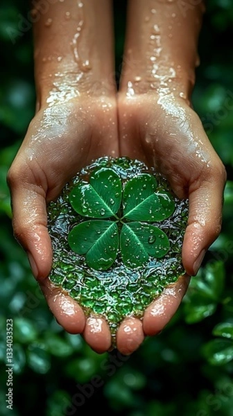 Fototapeta Wet human hands holding a four leaf clover in nature setting