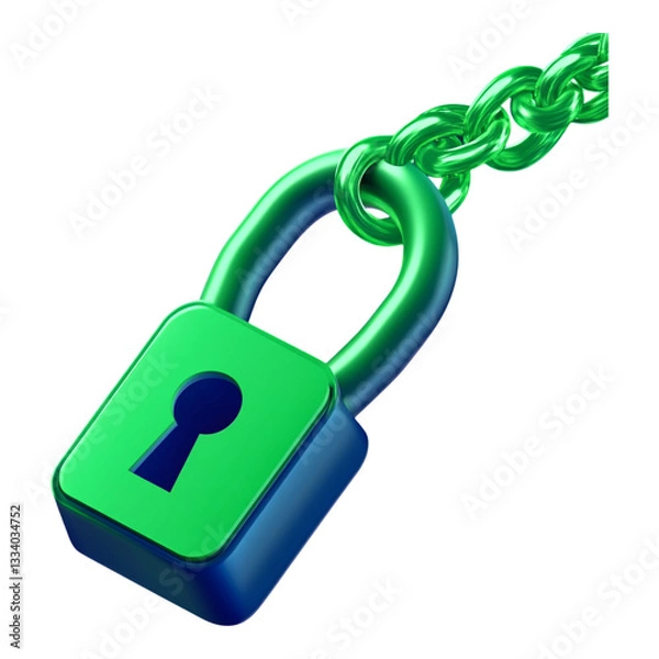 Fototapeta A visually striking image of a green padlock symbolizing security, featuring a sturdy chain and a key, representing trust in decentralized networks and personal safety.