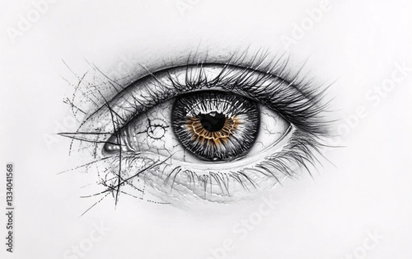 Fototapeta A detailed, artistic illustration of a human eye. The style combines sketch-like lines with subtle shading and highlights. The iris and pupil are clearly defined.