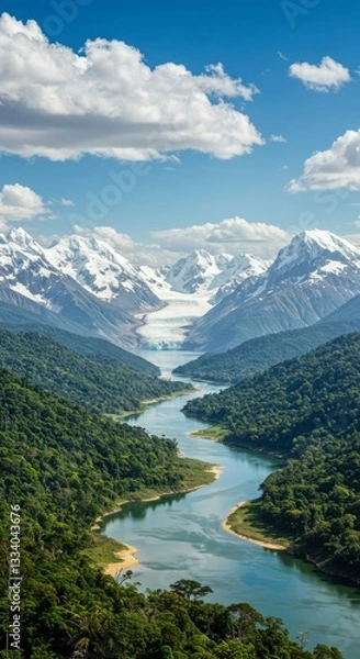 Fototapeta Generative AI River Flows Through Jungle Mountains river jungle mountains snow glacier forest aerial view landscape blue sky clouds tranquility adventure wilderness nature peace