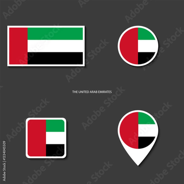 Fototapeta United Arab Emirates (UAE) flag icon set in different shape (rectangle, circle, square and marker icon) on dark grey background. United Arab Emirates sticker icon collection on barely dark background	