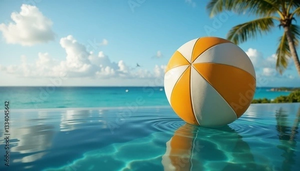 Obraz Vibrant beach ball submerged in pool near ocean with tropical paradise under partly cloudy sky