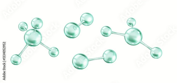 Fototapeta Different rotating green collagen molecules realistic color icons set. Protein creates chemical bonds 3d objects bundle on white background