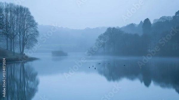 Fototapeta The tranquil scene presents a foggy lake with trees on shores