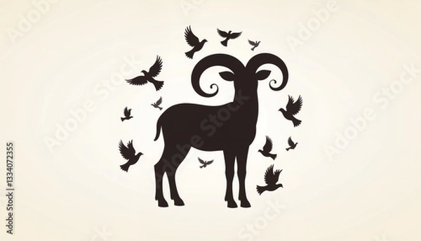 Fototapeta Silhouette of a ram surrounded by flying birds on a light background  