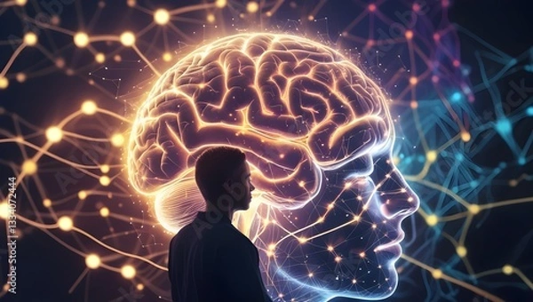 Obraz Stylized Brain with Glowing Neural Connections and Meditative Person, Symbolizing Cognitive Flexibility, Neuroplasticity, and Thought Rewiring