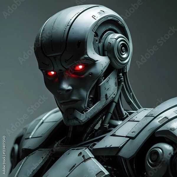Obraz Robot with Deep Red Glowing Eyes and Sharp Angular Plating, Symbolizing a Cold, Calculating, and Dangerous Menace