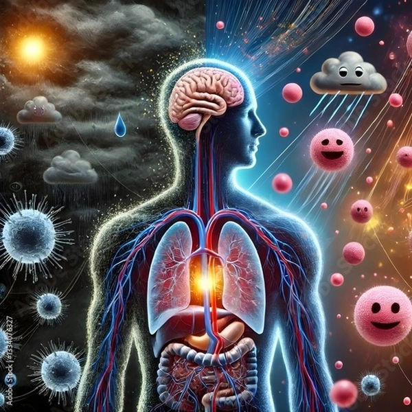 Obraz Human Figure Surrounded by Flowing Emotions, Illustrating the Impact of Stress and Joy on Immune System Function and Health