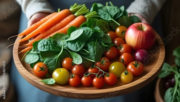 Obraz Farm-to-Table Freshness: Colorful Fruits and Vegetables on a Rustic Wooden Plate in a Cozy, Natural Light Setting