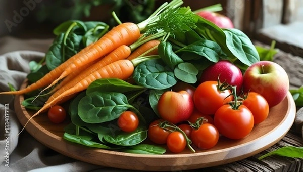 Obraz Vibrant Fresh Fruits and Vegetables on a Rustic Wooden Plate, Perfectly Styled for a Farm-to-Table Culinary Experience