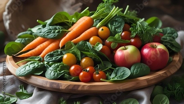 Obraz Top-Down View of a Wooden Plate Filled with Fresh Organic Fruits and Vegetables, Showcasing Farm-to-Table Natural Produce