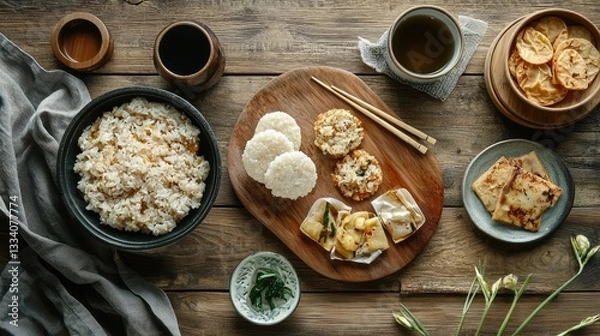 Fototapeta An assortment of Japanese food is presented on a wooden table