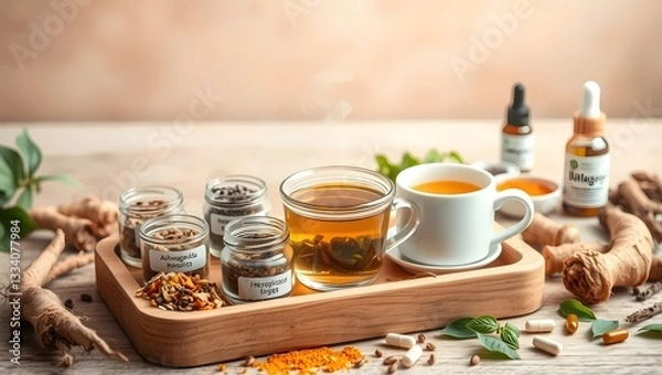 Obraz Adaptogenic Herbs and Natural Supplements for Stress Relief, Immunity Boosting, and Holistic Wellness Featuring Ashwagandha, Rhodiola, Ginseng, and Herbal Teas