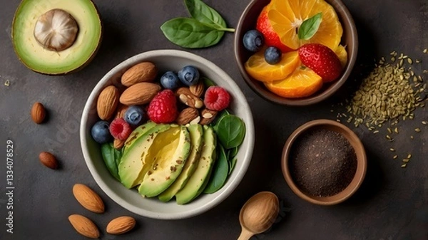 Obraz Healthy, Colorful Plate with Salad, Superfoods, and Antioxidant-Rich Ingredients Supporting Immunity, Mental Health, and Stress Reduction