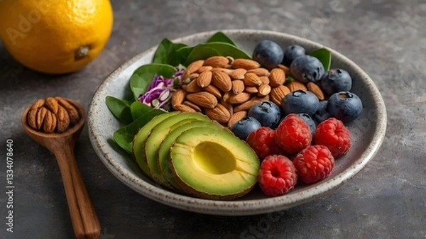 Obraz Vibrant Plate of Superfoods Including Avocado, Nuts, and Berries, Promoting Immunity and Emotional Balance for Optimal Health