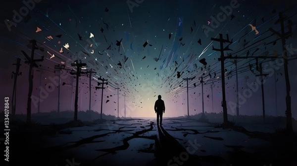 Obraz A Figure Overwhelmed by Dark Emotions, Facing a Crossroads with Chaotic Symbols of Fate, and Searching for Hope