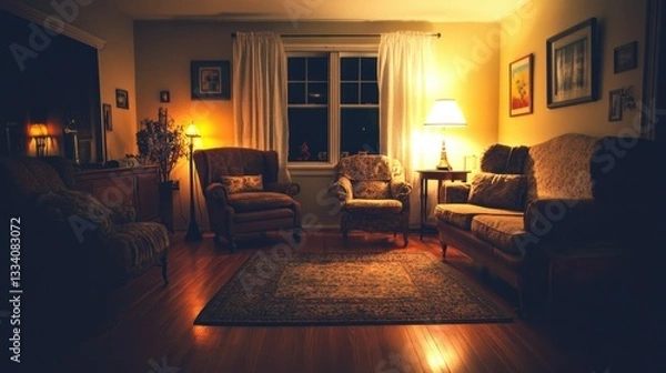 Fototapeta A cozy living room is illuminated with warm ambient lighting