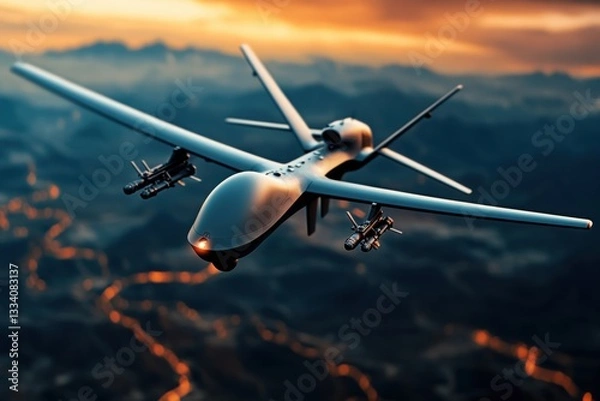 Fototapeta Military drone executing covert flight maneuver, stealth UAV in low-light conditions, advanced navigation systems glowing, high-altitude surveillance mission
