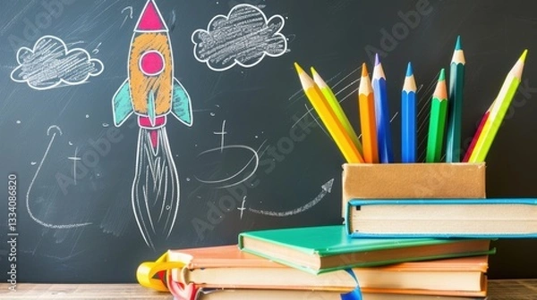Fototapeta Enchanting Back - to - School Scene: Books, Pencils, and a Captivating Rocket Sketch