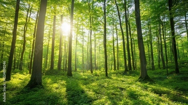 Fototapeta The Sun Shines Brightly Through a Green Forest of Trees