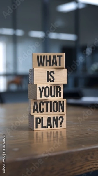 Fototapeta Wooden blocks stacked with "What is your action plan?" in an office setting. A motivational business concept symbolizing strategy, planning, and decision-making for achieving goals.







