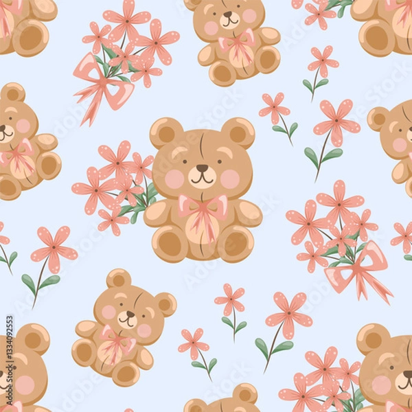 Fototapeta Seamless pattern with cute spring teddy bears and flowers.