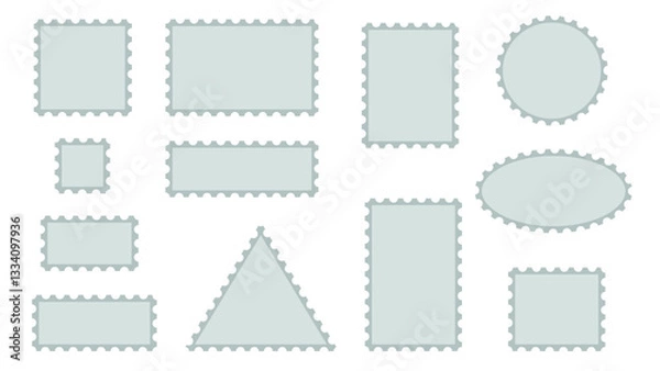 Fototapeta Blank postage stamp templates set. Sticker with torn edge square, rectangle, circle, triangle shape. Template stamp for letter or parcel, vector graphics