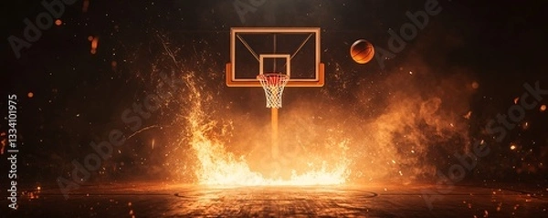 Fototapeta Fire Basketball: A flaming basketball hurtles towards a hoop engulfed in flames, creating a dynamic and intense scene with an emphasis on the thrill of competition.
