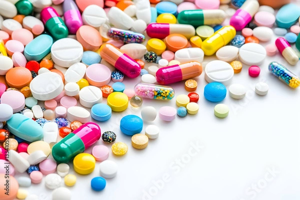 Obraz Colorful assortment of pills and capsules on white background (1)
