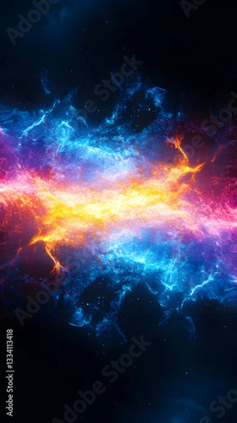 Fototapeta Fiery, swirling nebula; colliding cosmic energies in vibrant blue, orange, and red hues