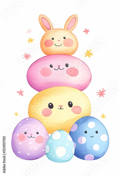 Fototapeta Stacked pastel bunny and egg characters
