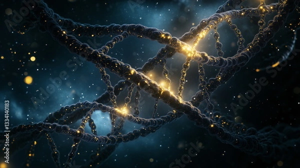 Obraz Close-up of a glowing DNA strand with molecular structures in a cosmic background.