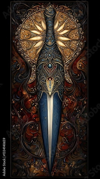 Obraz An ornate fantasy dagger with intricate golden decorations and gemstones.