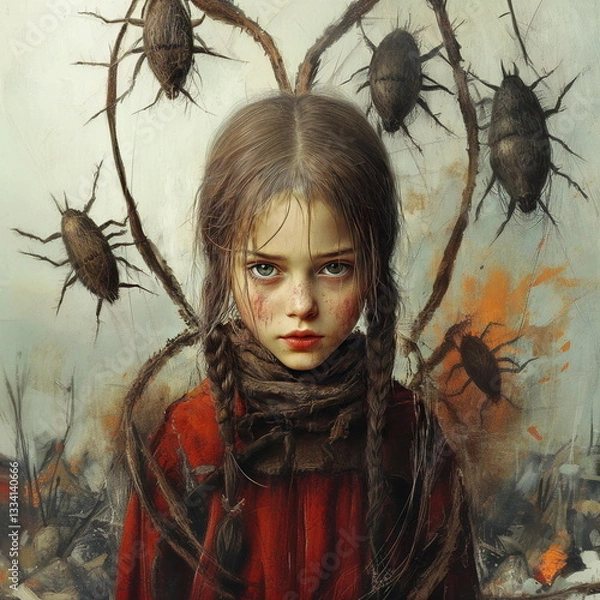 Obraz A girl in a red cloak surrounded by dark insect-like creatures in a surreal setting.