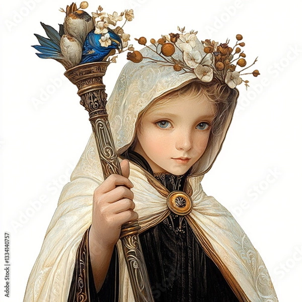 Obraz A young girl in elegant medieval attire holding a staff adorned with flowers and feathers.