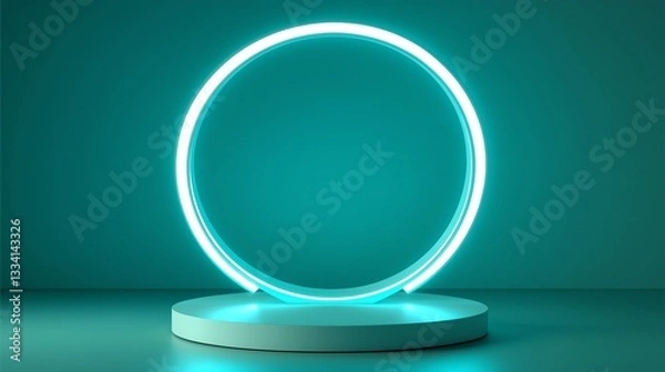 Fototapeta Blue empty podium with glowing neon frame in the dark for product presentation. 3D rendering