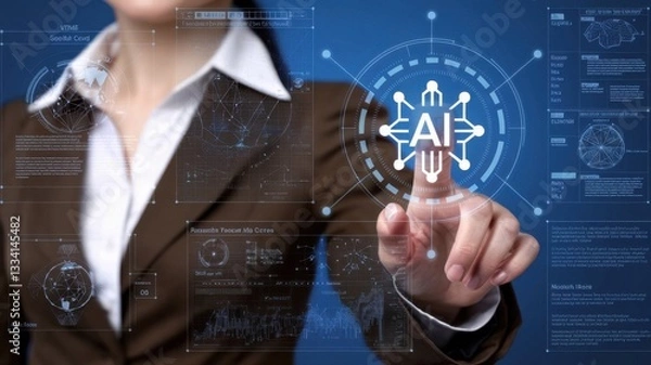 Fototapeta businesswoman in formal suit working with computer laptop for Polygonal brain shape of an artificial intelligence with various icon of smart city Internet of Things, AI and business IOT concept